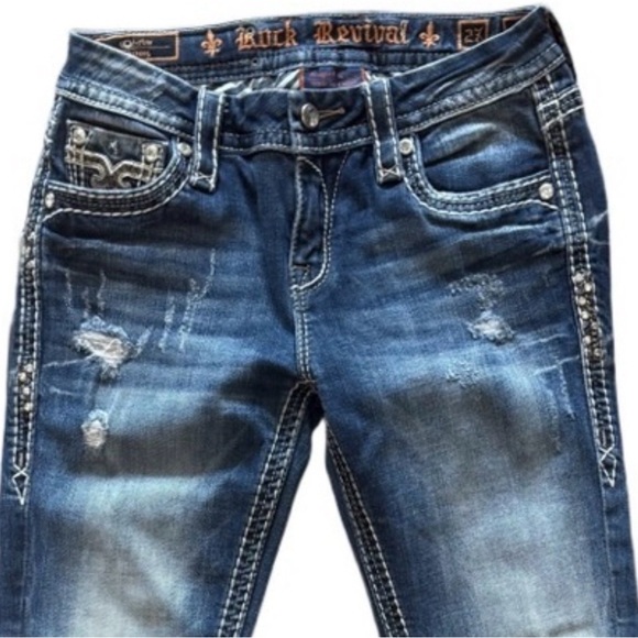 ROCK REVIVAL 💎 Isella Low Rise Skinny Jeans Size 27 Crystal Pocket ✨👖 - Picture 2 of 14